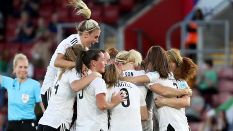 Northern Ireland celebrate Julie Nelson's goal against Norway in the Women's European Championships.