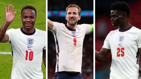 (l-r) Raheem Sterling, Harry Kane, Baukayo Saka