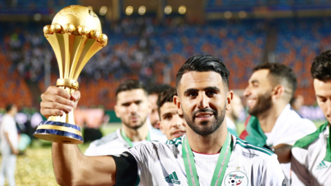 Algeria and Manchester City's Riyad Mahrez with the Africa Cup of Nations trophy