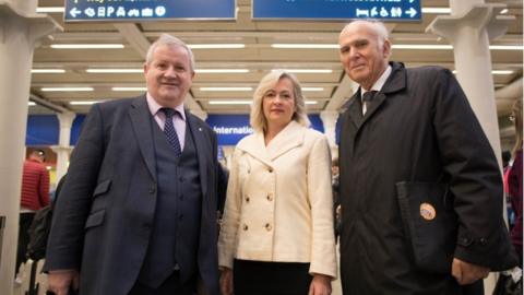 SNP Westminster leader Ian Blackford, Plaid Cymru Westminster leader Liz Saville-Roberts and Liberal Democrats leader Vince Cable at St Pancras station before heading to Brussels