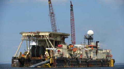 A pipe for the Nord Stream 2 gas pipeline is laid on the seabed of the Baltic Sea (August 2016)