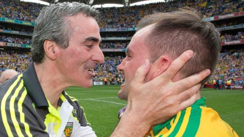 Jim McGuinness and Karl Lacey celebrate after Donegal beat Dublin in the 2014 All-Ireland semi-finals