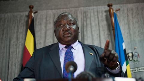 Henry Okello Oryem, the Ugandan Minister for Foreign Affairs, speaks to members of the press in Kampala on October 17, 2012.