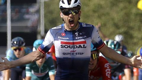 Kasper Asgreen celebrates winning stage 18 of the 2023 Tour de France