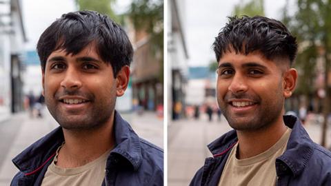 A before and after haircut portrait of Kian Patel