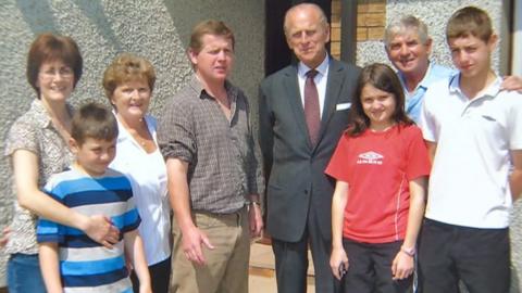 Duke of Edinburgh at the home of Cardigan farmer Phil Reed, with his family