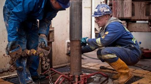 Engineers on the drilling platform at a shale fracking facility in Preston, Lancashire