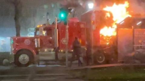 Coca-Cola truck on fire in Bucharest