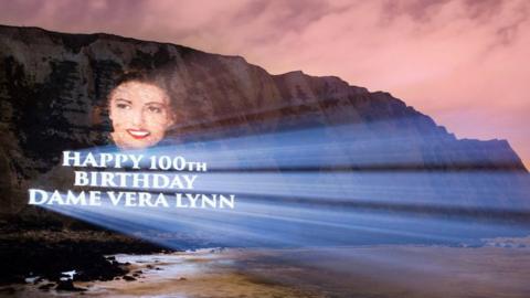 A Dame Vera Lynn portrait projected onto the White Cliffs of Dover Dame Vera said: "It is an unprecedented honour to have my birthday marked in