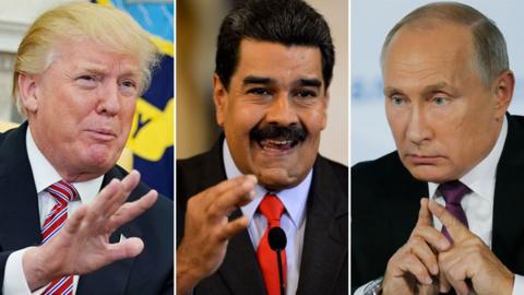 A composite image showing Presidents Trump, Maduro, and Putin