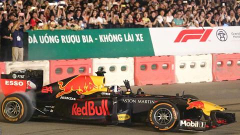 David Coulthard performing in a Red Bull show car in Hanoi in April 2019