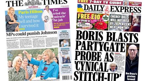 The headline in The Times reads: MPs could punish Johnson while the headline in the Daily Express reads: Boris blasts Partygate probe as 'cynical stitch-up'.