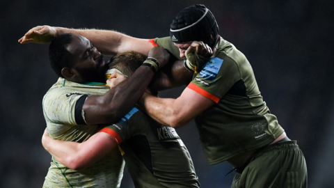 Quins pair Jack Kenningham and Matt Symons were part of a general second-half disagreement also involving Saints' Api Ratuniyarawa (left)