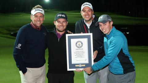 Ian Poulter, Tyrrell Hatton, Matthew Southgate and Matthew Fitzpatrick celebrate setting a new Guiness World Record for the fastest hole of golf