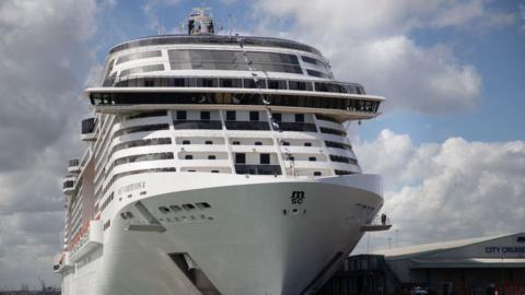 The MSC Virtuosa pictured front the front on a clear day, while docked in Southampton in May 2021