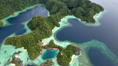 Aerial shot of land and sea around Labengki Island