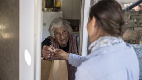 Elderly woman receiving food delivery (stock photo)