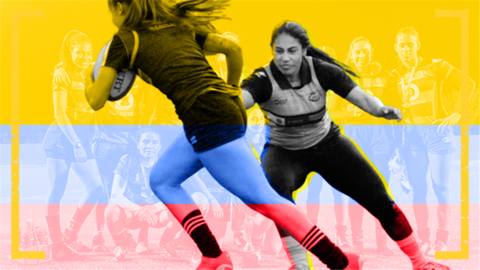 Graphic showing Isabel Romero playing rugby, featuring the colours of Colombia's flag