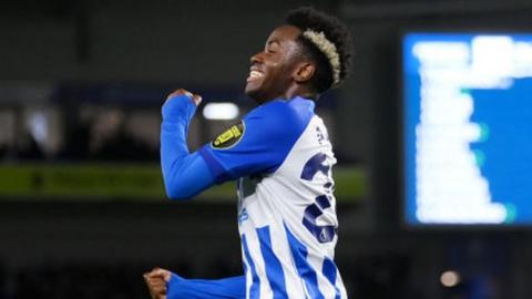 Simon Adingra celebrates after scoring for Brighton against Burnley at Amex Stadium