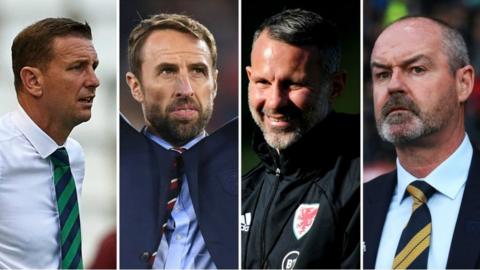 Northern Ireland manager Ian Baraclough, England manager Gareth Southgate, Wales manager Ryan Giggs, and Scotland boss Steve Clarke,