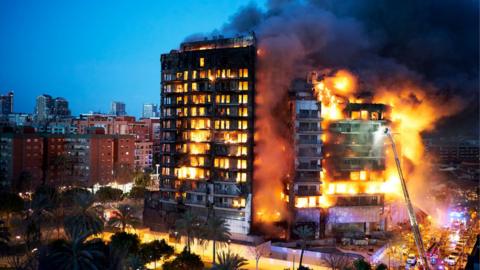 An apartment block ablaze in Valencia