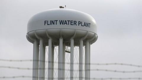 The top of the Flint Water Plant tower in Flint, Michigan.