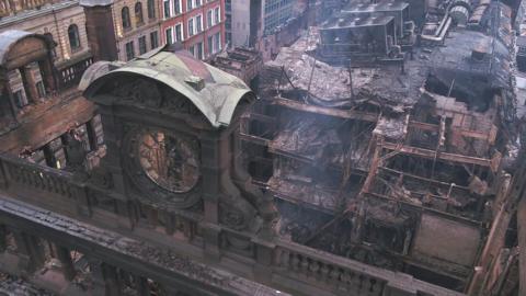 The fire-damaged inside of the Bank Buildings as seen from above