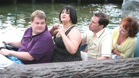 James Corden as Smithy, Ruth Jones as Nessa, Rob Brydon as Bryn and Melanie Walters as Gwen on the Barry Island log flume in Gavin and Stacey