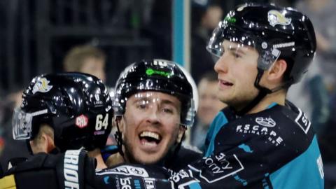 Belfast Giants celebrated a dominant victory over Cardiff Devils