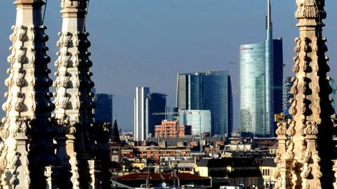 The Porta Nuova business district seen from the terrace of Duomo Cathedral in Milan