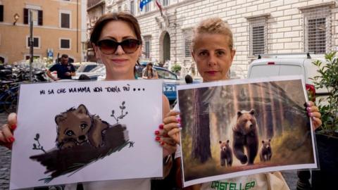 Animal rights activists demonstrate in front of the State Council, called to decide the fate of bears JJ4 and MJ5, on July 13, 2023 in Rome, Italy