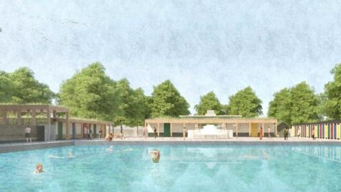 An artist's impression of the new view from the lido, featuring wooden structures.