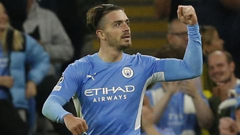 Jack Grealish celebrates scoring for Manchester City on his Champions League debut against RB Leipzig