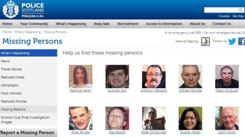 Screen grab of missing persons list on Police Scotland website