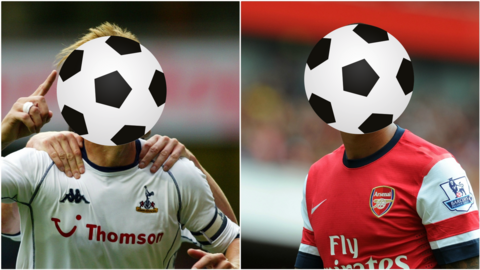 A former Tottenham and ex-Arsenal player with their faces covered by a football