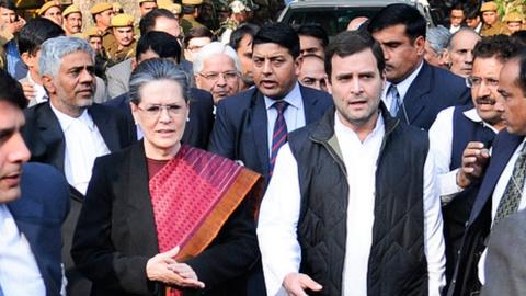 DECEMBER 19: Congress President Sonia Gandhi and Vice President Rahul Gandhi come out of Patiala House court after the court granted bail to both the leaders in National Herald Case, on December 19, 2015