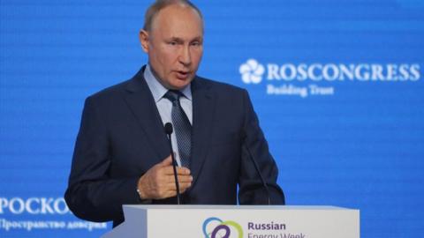 Russian President Vladimir Putin delivers a speech during a plenary session of the Russian Energy Week International Forum in Moscow, Russia October 13, 2021