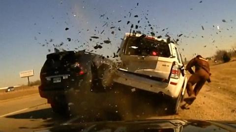 Cars collide, striking highway patrol officer