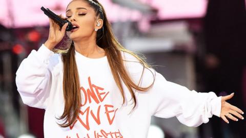 Ariana Grande performing at the One Love Manchester tribute concert