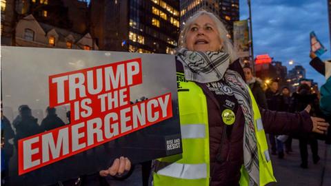 Activist group Rise And Resist in New York City put out a call for a demonstration at the Trump Hotel in Columbus Circle