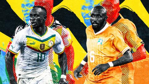A colourful graphic featuring Senegal forward Sadio Mane and Ivory Coast midfielder Seko Fofana