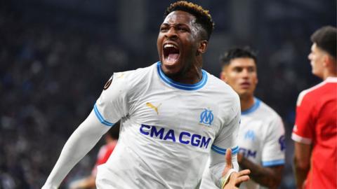 Faris Moumbagna celebrates after scoring for Marseille