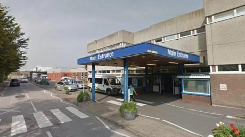The main entrance to Eastbourne District General Hospital