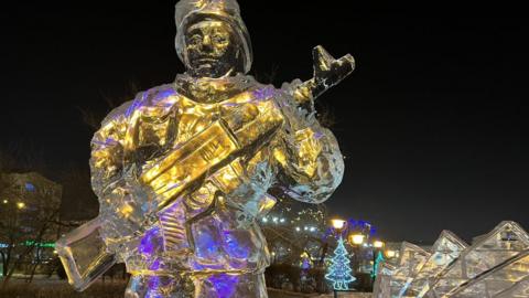 A Russian soldier made out of ice in Chita