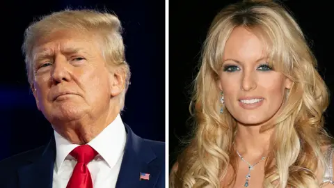 Collage photograph of Mr Trump and adult film star Stormy Daniels