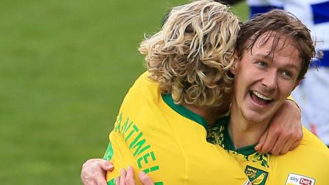 Kieran Dowell celebrates scoring his second goal for Norwich against Reading