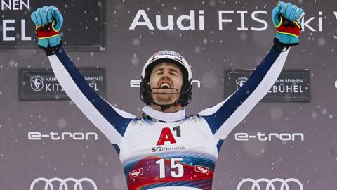 Dave Ryding of Great Britain celebrates after winning the Alpine Skiing World Cup Men's Slalom gold medal in Kitzbuhel, Austria