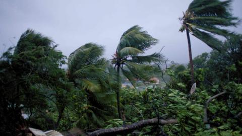 The winds and rain of Hurricane Maria batter the city of Petit-Bourg on the French overseas Caribbean island of Guadeloupe, 19 September 2017