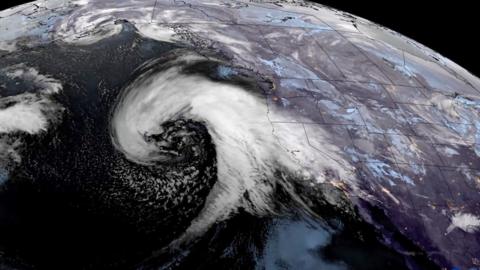 Satellite image of bomb cyclone in pacific ocean