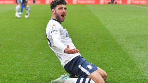 Tom Cannon celebrates scoring his teams first goal during the Championship game between Preston North End and Cardiff City at Deepdale on March 11, 2023 in Preston